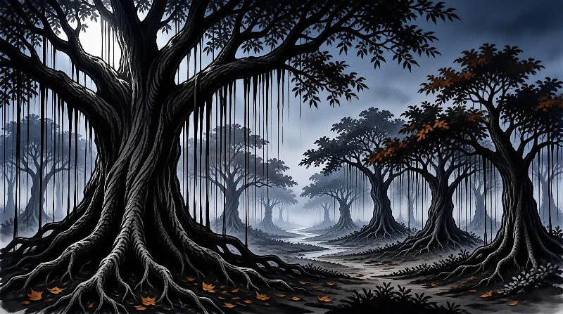 Large gnarled trees with thick roots and hanging vines stand beside a winding river in a foggy blue forest.
