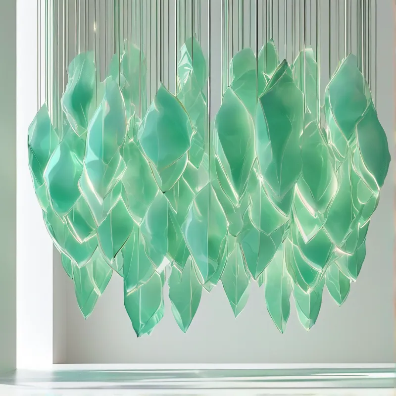 Translucent mint green glass panels shaped like leaves hang in overlapping rows from thin cables against a pale wall
