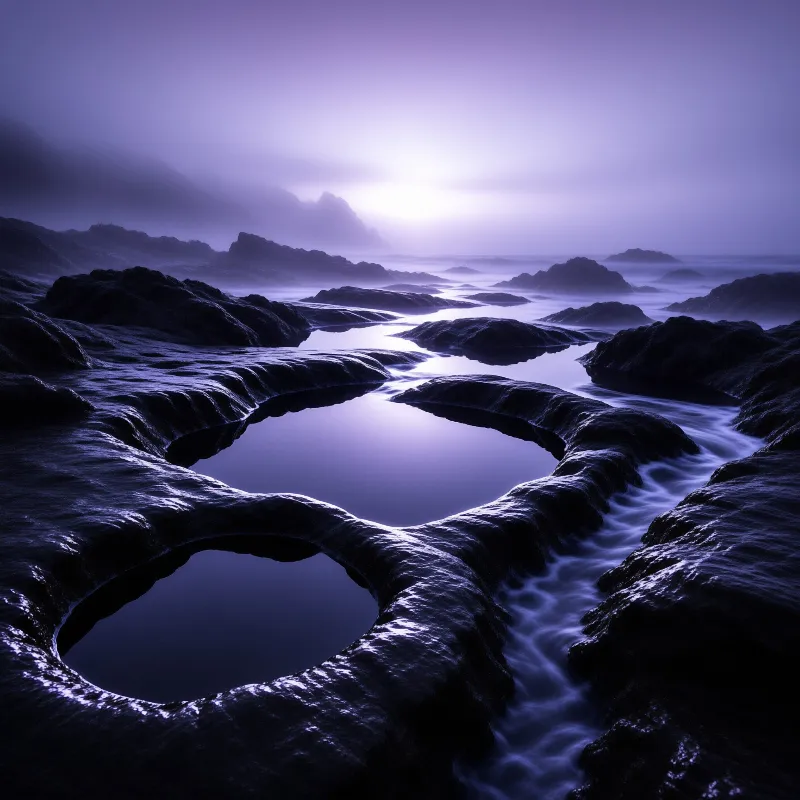 Dark winding rock formations channel smooth water beneath a purple sky with distant bright light breaking through the mist.