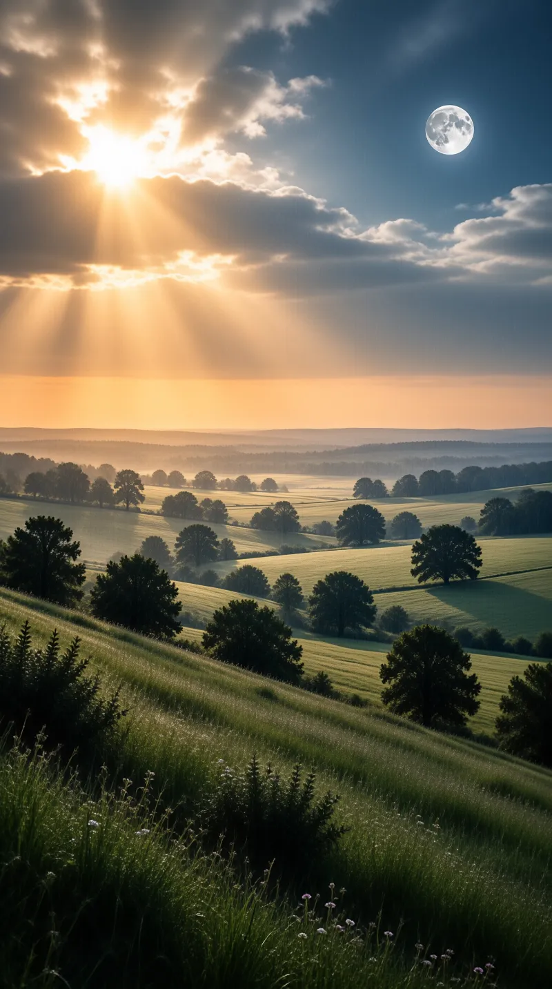 Sun and Moon Over Rolling Hills