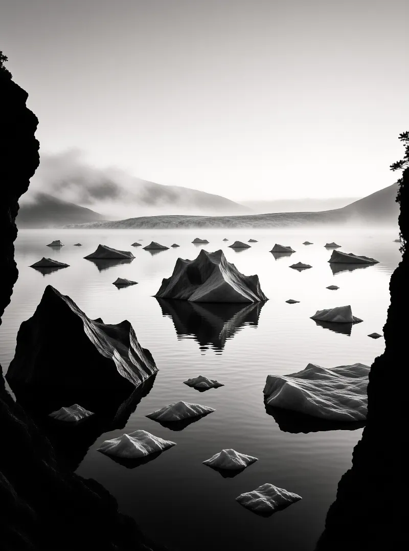 Jagged stone islets drift across a glassy black and white lake, framed by dark cliffs and fog shrouded hills.