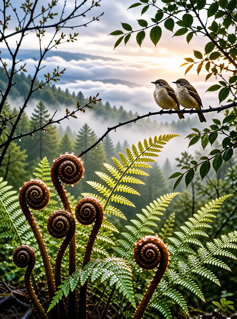 Two small birds sit on a branch above ferns while mist covers distant hills at sunrise.
