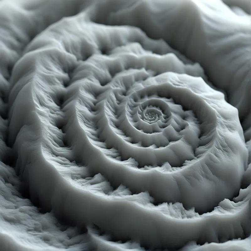 A gray spiral clay sculpture is centered in the frame, lit with soft even light that casts subtle shadows on its ridges.