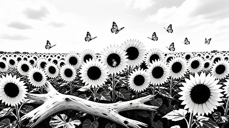 Monochrome shot of a sunflower field with butterflies flying over weathered driftwood under a cloudy sky.