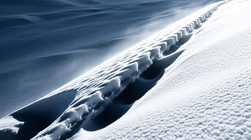 A knife edge crest of drifted snow cuts diagonally across the frame, textured with wind ridges and blue shadows.