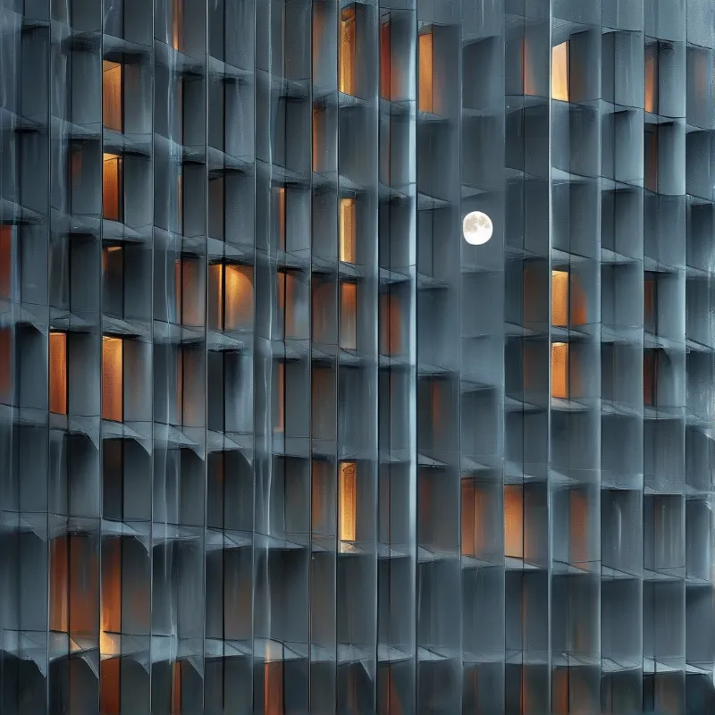 A modern building exterior shows a grid of windows glowing orange while a bright full moon sits in one opening.