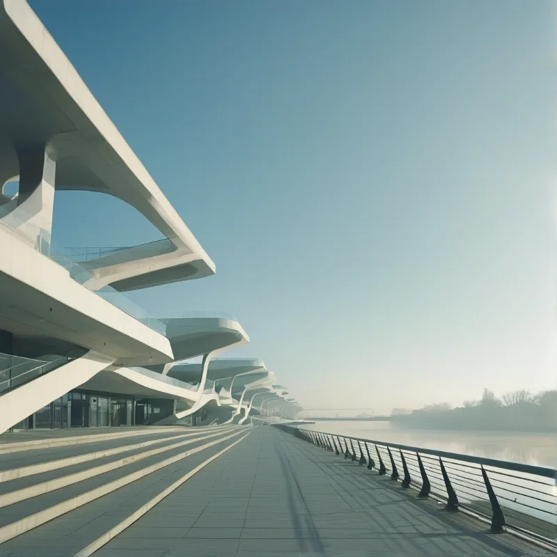 Sweeping white concrete balconies overlook a quiet river under a hazy sky with soft shadows stretching across the paved walkway.