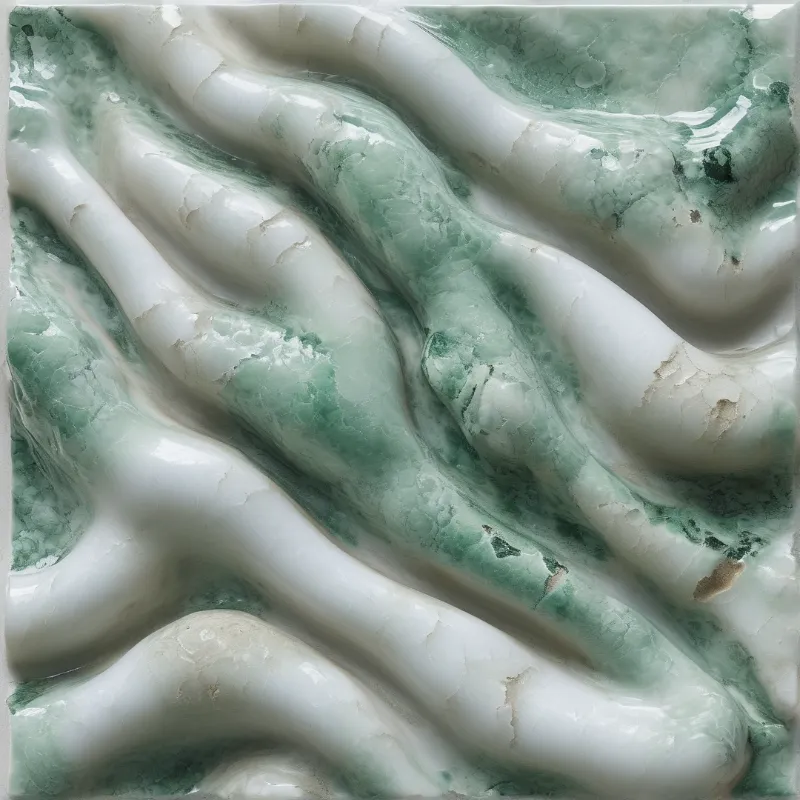 A close-up of polished white and green jade marble showing flowing veined patterns with a glossy sheen that catches light across the smooth surface