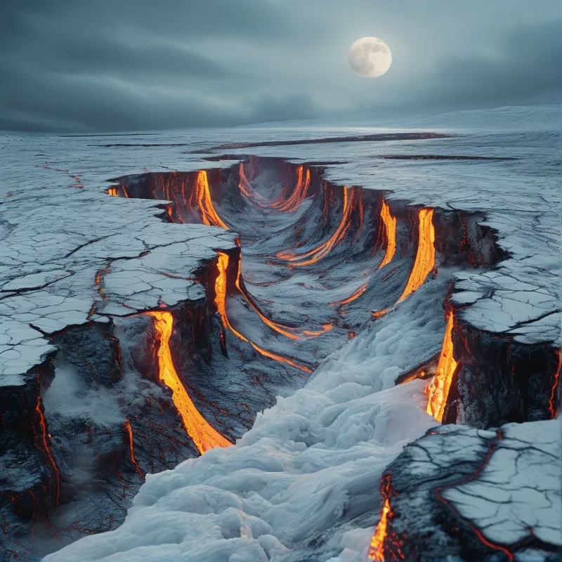 Deep crack in white snow reveals glowing orange lava beneath the surface while a full moon hangs in the cloudy sky