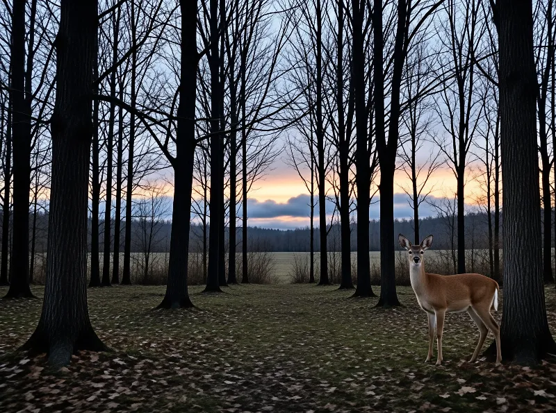 A white-tailed doe stands near a tree trunk as twilight lights up the horizon behind a line of bare trees.