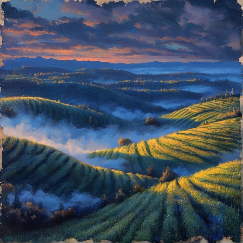 Undulating green hills stretch across the foreground while thick fog fills the valleys beneath a dramatic twilight sky.