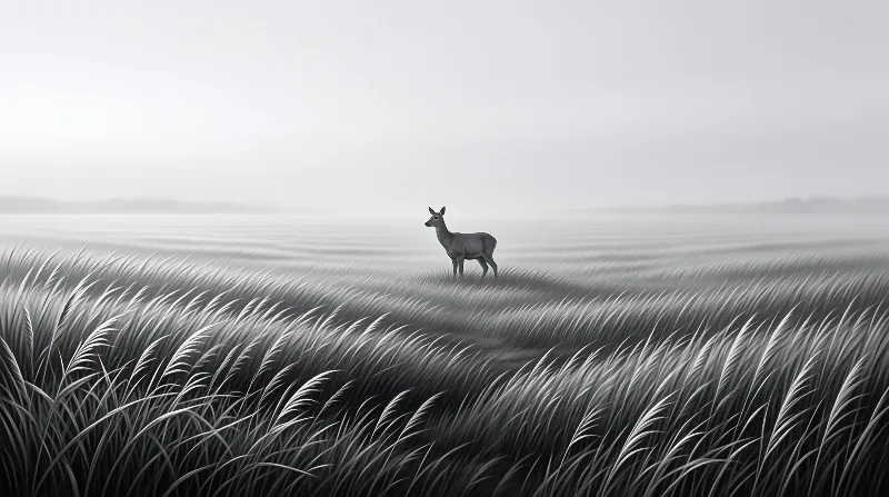 A lone deer stands alert in a sea of tall grass under a hazy overcast sky