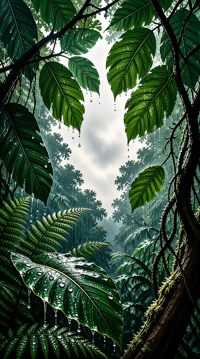 Large glossy tropical leaves frame a misty overcast sky while clear water droplets drip downward through a dense rainy jungle canopy.