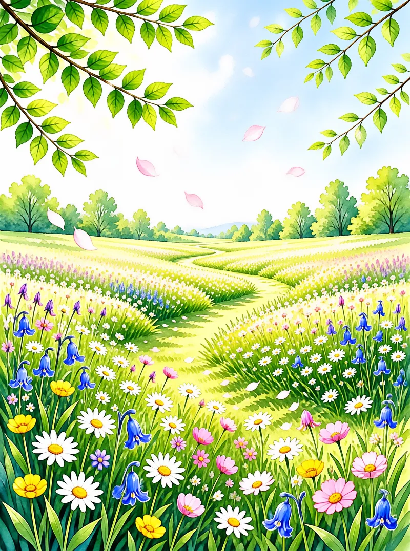 A winding path leads through a lush spring meadow filled with white daisies, bluebells, and pink blossoms under a blue sky.