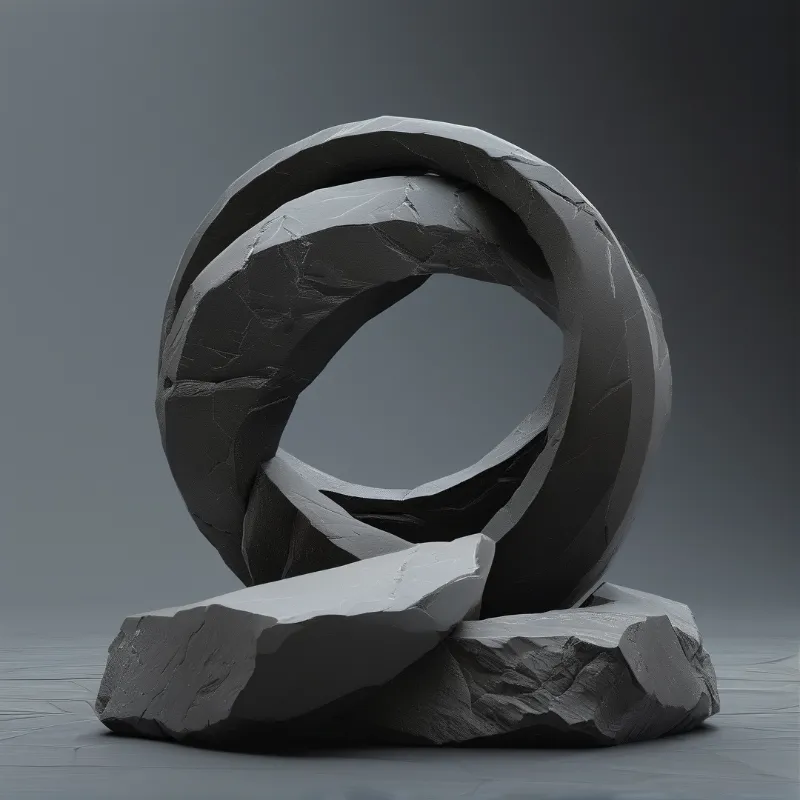 A grey abstract stone ring sculpture rests on a rough slab base against a neutral grey background with soft lighting.