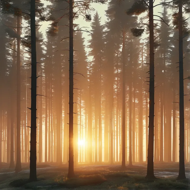 Silhouettes of tall pine trunks stretch upward while golden sunlight beams through the misty air of a quiet woodland.