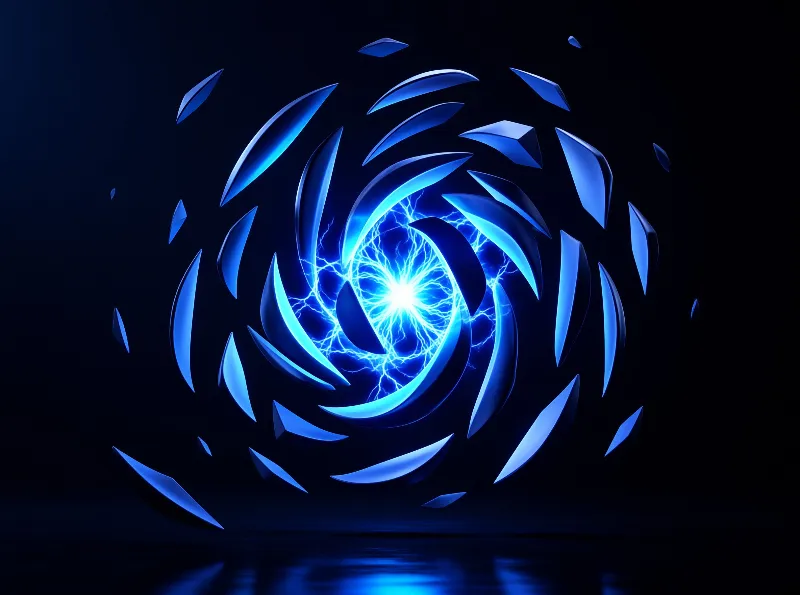 A luminous blue spiral radiates intense energy while jagged fragments orbit the core against a dark backdrop.