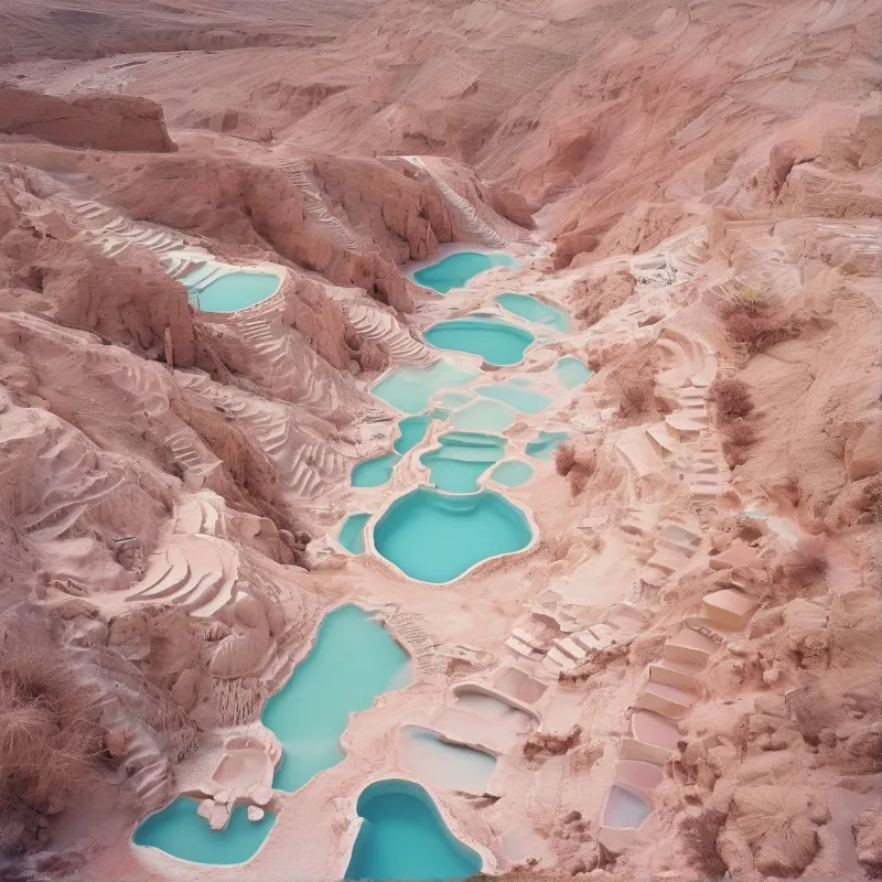 Bright turquoise salt ponds sit in tiered red desert rock, stepped terraces run down arid valley walls in soft light.