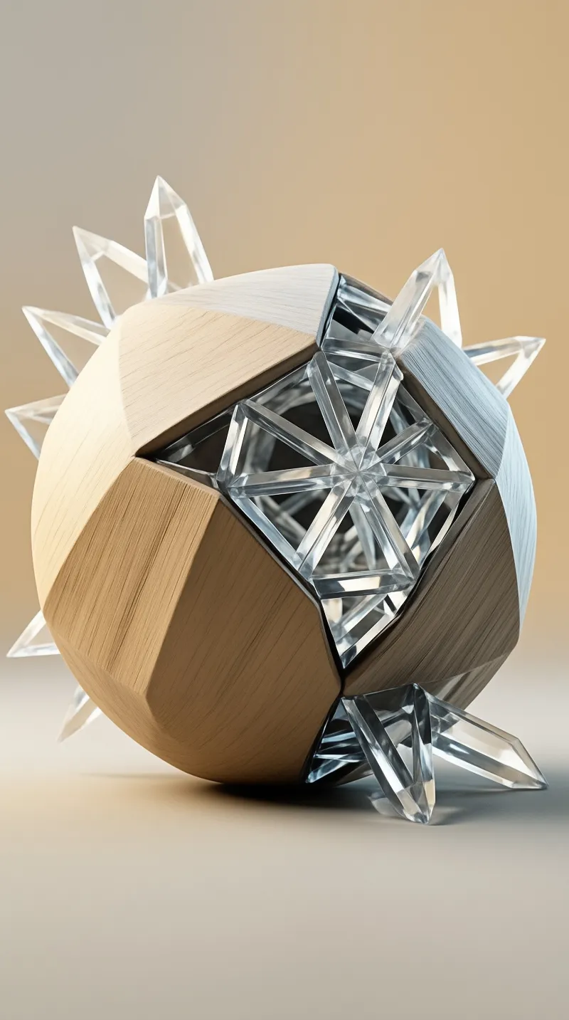 Pale timber facets open to reveal a lattice of clear glass beams and pointed quartz spikes set against a warm beige gradient
