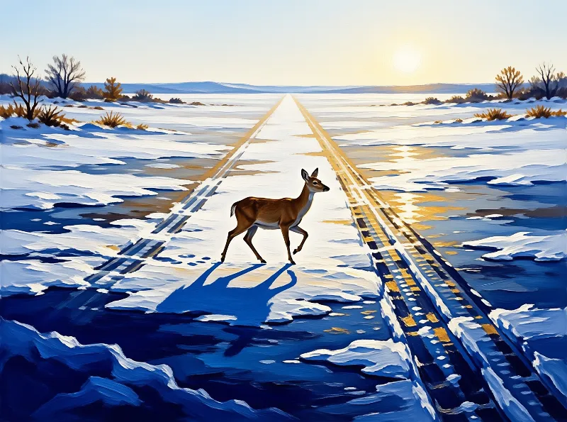 A lone deer steps across a snow-covered road that stretches toward a low sun, casting long blue shadows.