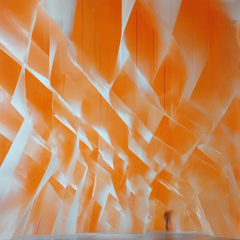 Overlapping translucent white fabric panels form a geometric canopy above a warm orange lit interior with a blurred figure at the far end.
