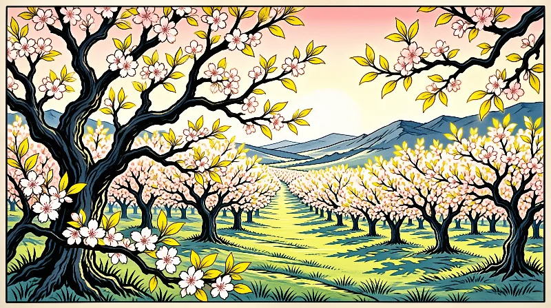 A stylized orchard with rows of flowering trees and yellow leaves leads toward blue mountains under a soft gradient sky.
