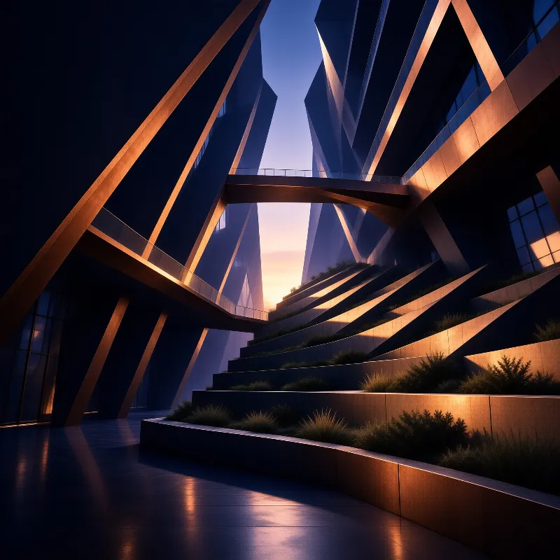 Dark angular towers linked by a walkway catch the last copper light as the sky fades to dusk