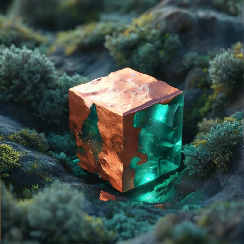 A glowing teal cube partially covered in copper sits among dark green moss and rocks.