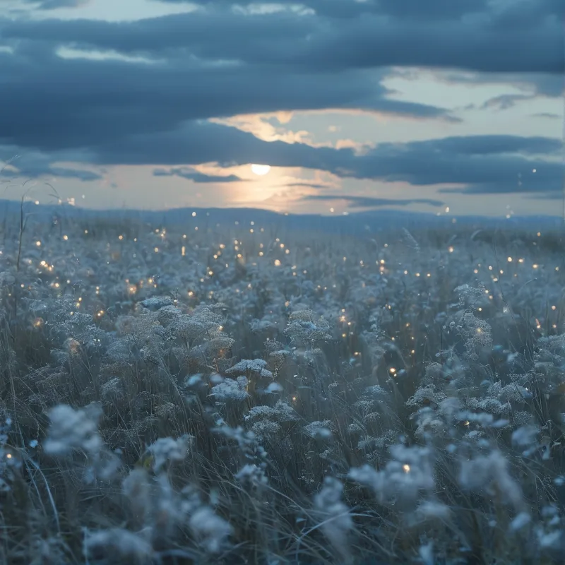 Glittering dew-covered wildflowers fill a meadow under a moody twilight sky where the sun peeks through heavy clouds