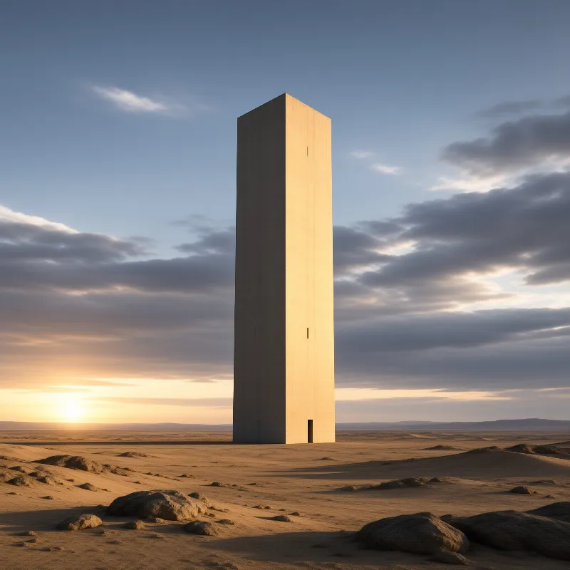 A massive concrete structure stands alone in a desert landscape illuminated by the warm light of a setting sun.