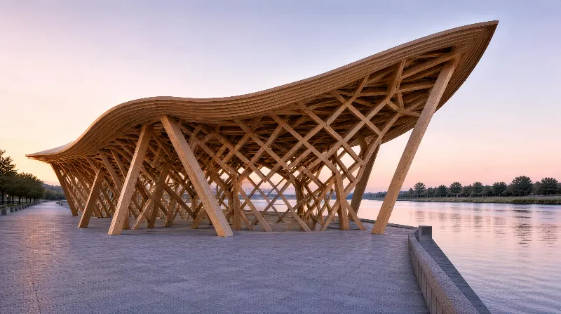 A wave-shaped wooden pavilion by a calm waterfront at sunset, with soft pink and blue light