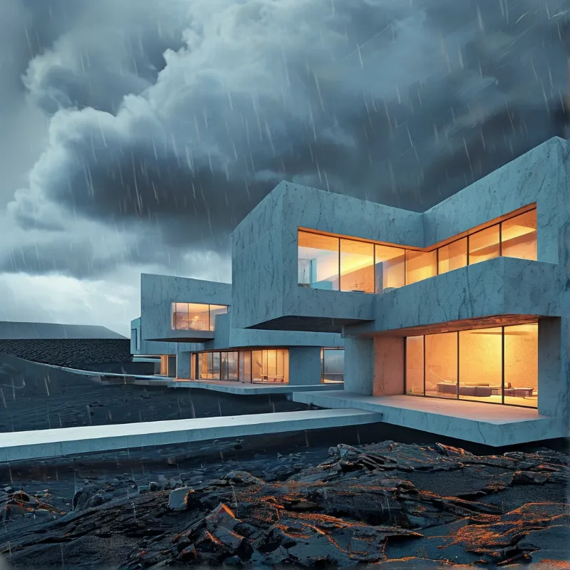 Modern concrete building on rocks during rain with warm interior lights shining through large windows against dark clouds