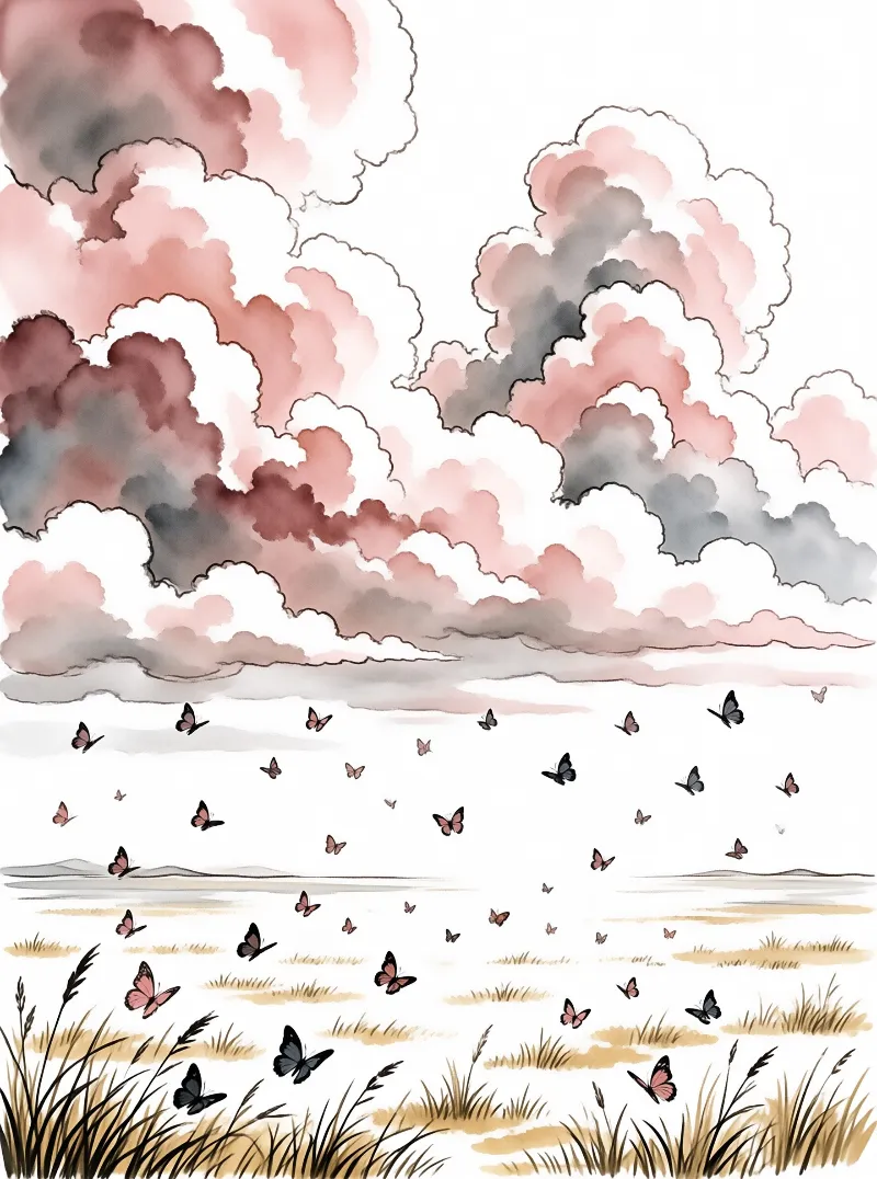 Watercolor art depicting a swarm of butterflies flying over a grassy field beneath large pink and grey clouds.