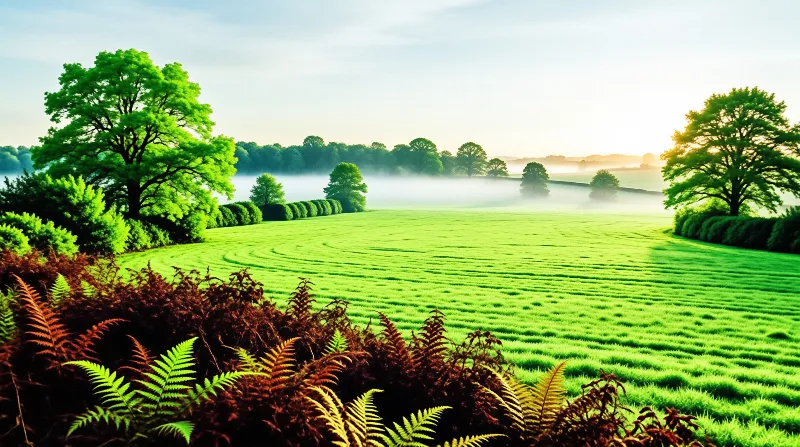A wide green field stretches into a misty valley with trees and ferns in the foreground under morning light.