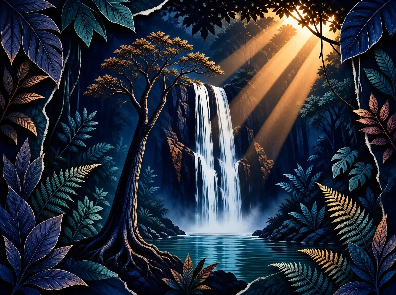 Sunlight beams through tall trees onto a winding dirt trail surrounded by lush green vegetation