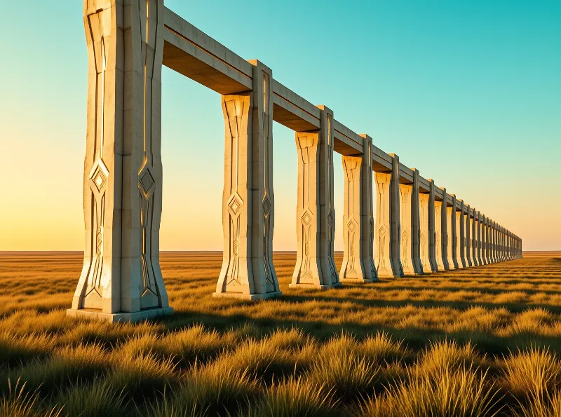 A series of tall carved stone arches lines a vast grassy plain under warm evening light casting long shadows.