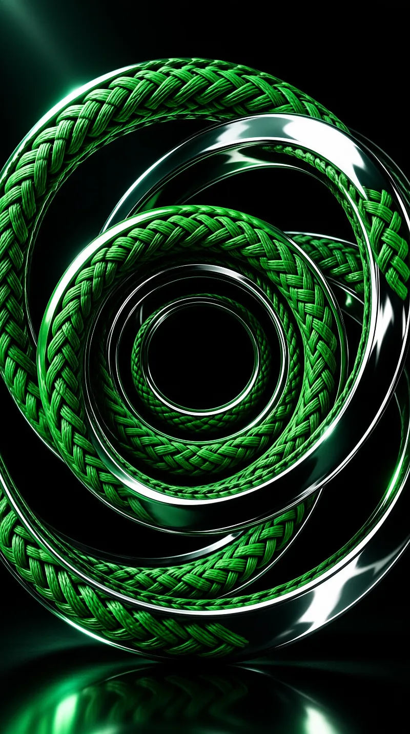 Glossy braided cords and polished metal hoops interlock against a black backdrop with green rim light.