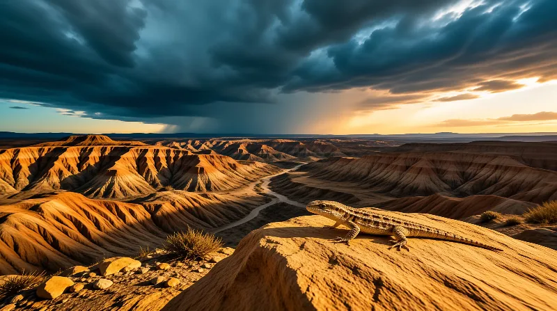 A patterned lizard rests on a sandstone boulder overlooking eroded canyons under stormy evening light.
