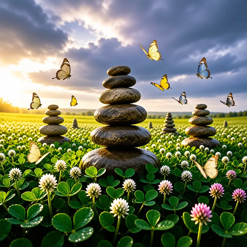 Smooth stacked stones form a quiet cairn in a clover field as butterflies drift through a glowing stormy sunset sky.