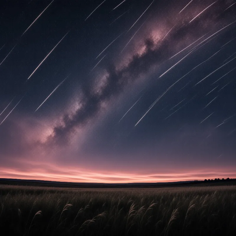 A spectacular meteor shower streaks across a purple night sky above a dark field of tall grass under the Milky Way.