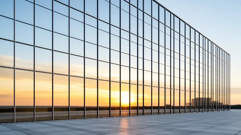 A vast glass building facade reflects a warm orange sunset sky over a flat open landscape.