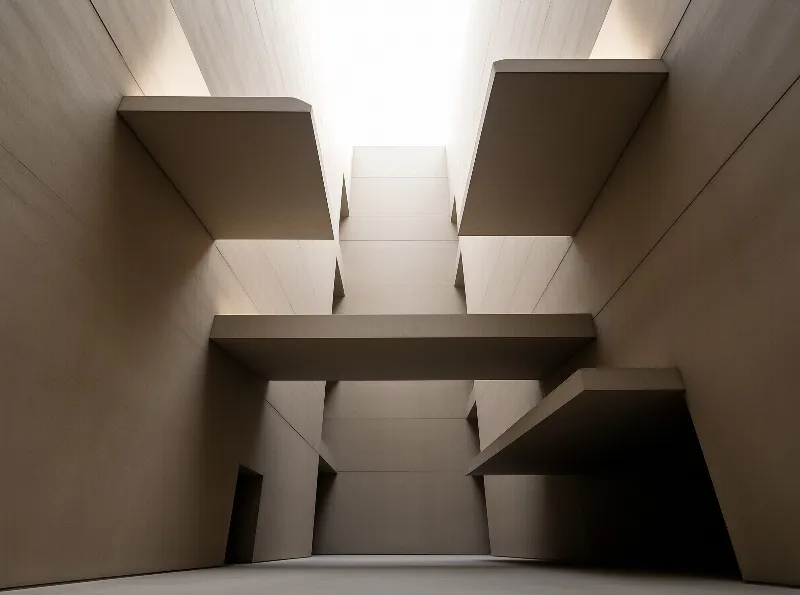 View of beige concrete beams forming a geometric architectural pattern with bright light entering from above.