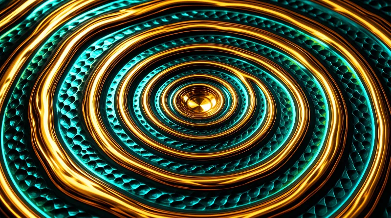 Glossy amber rings spiral outward through textured turquoise metal in an abstract close-up render.