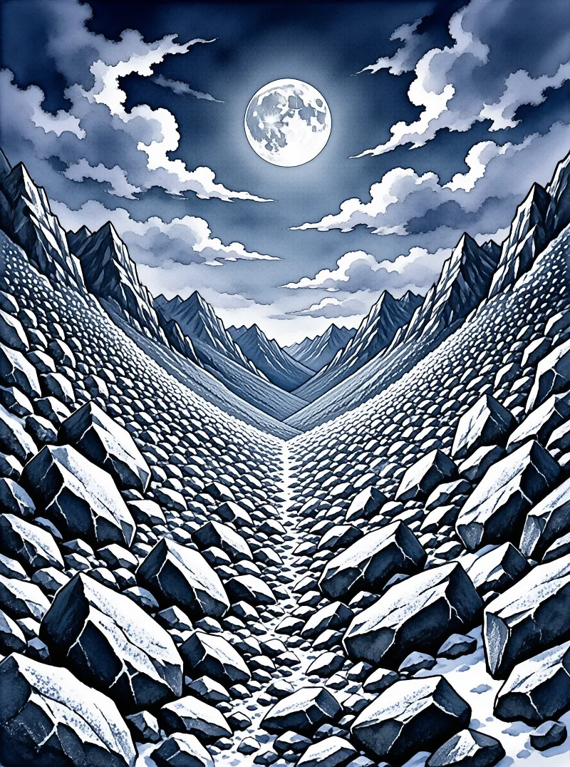 Monochrome illustration of a rocky mountain valley stretching to distant peaks under a bright full moon and scattered clouds.