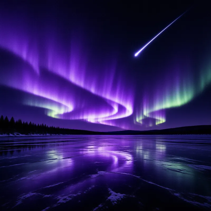 Swirling purple aurora lights reflect on the frozen lake surface below a meteor streaking through the starry sky.