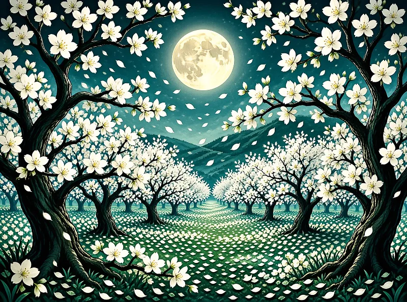 Dark trees with white blossoms frame a bright full moon in a deep blue night sky with petals scattered below.