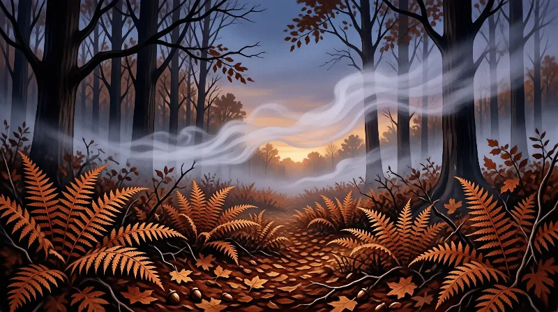 Orange ferns line a leaf-covered path in a dark tree grove, with soft white mist drifting towards a warm golden sunset at the forest edge.