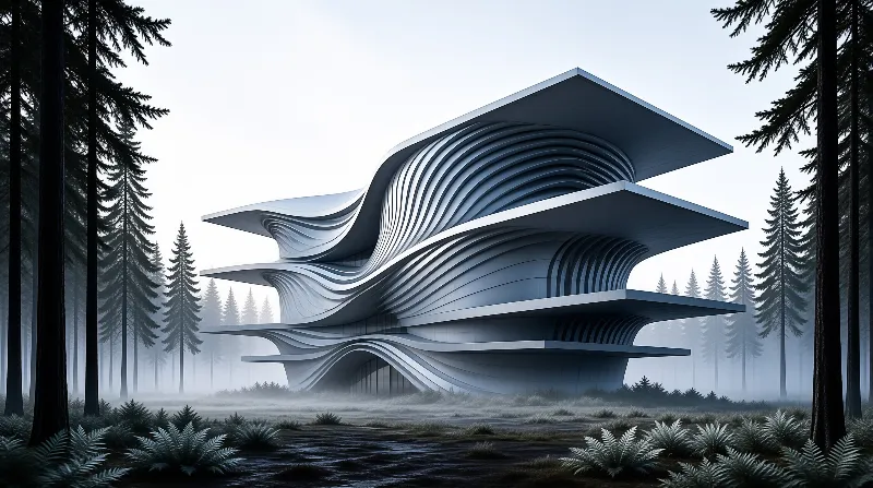 A futuristic white structure with wavy layers emerges from a foggy coniferous woodland under pale light.