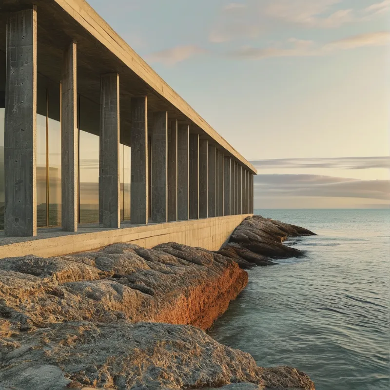 Long concrete structure with columns on a rocky shore illuminated by warm sunset light over the water.