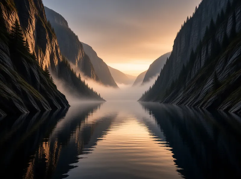 Steep cliffs frame a calm lake covered in fog while orange sunlight illuminates the horizon and reflects on the water surface.